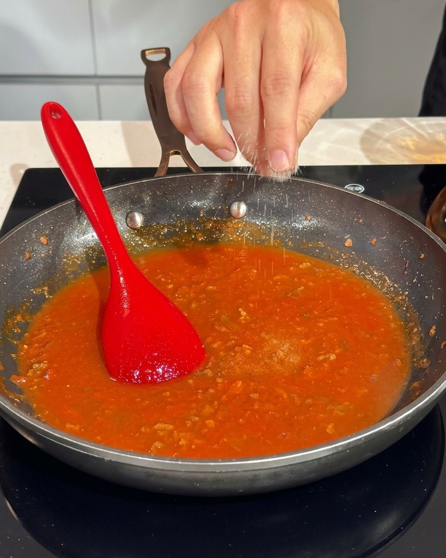 Una mano espolvoreando una pizca de sal gruesa en una sartén con salsa de carne burbujeante.