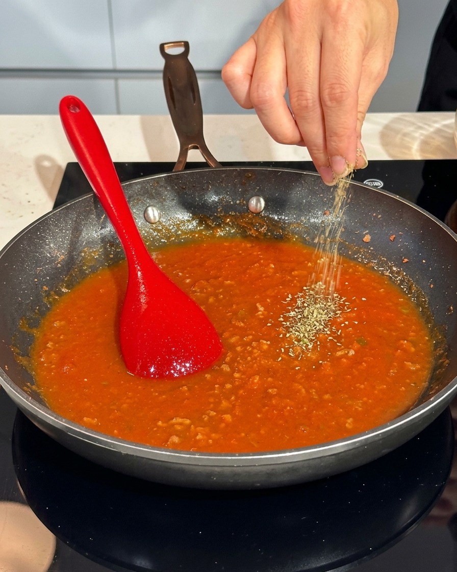 Una mano espolvoreando pimienta negra recién molida en una sartén con salsa boloñesa.
