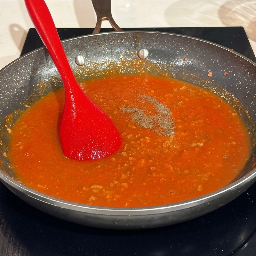 Una espátula roja en una sartén con salsa de tomate, pimienta y una pizca de azúcar por encima.