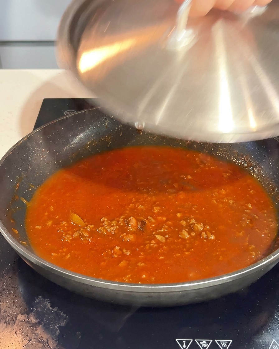 Una mano colocando una tapa de acero inoxidable sobre una sartén con salsa boloñesa roja intensa.
