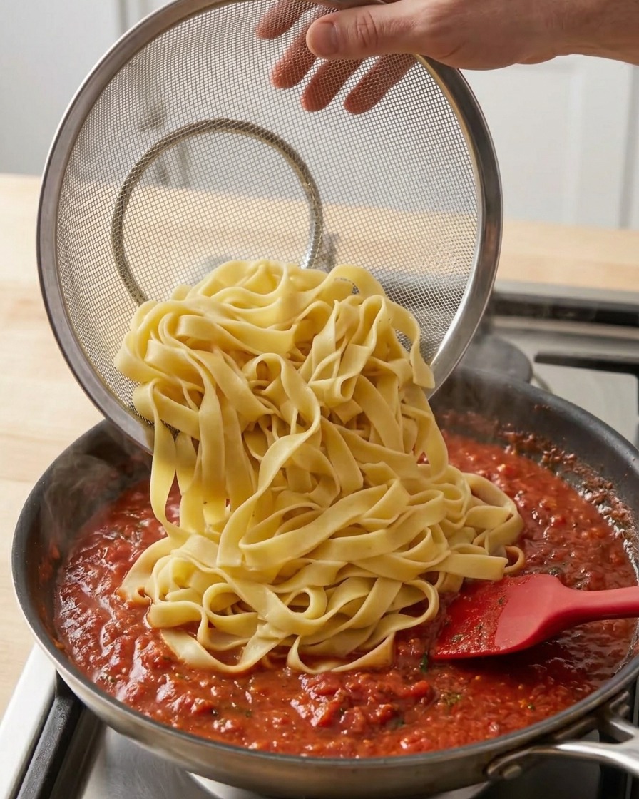 Una mano con un colador vertiendo pappardelle calientes directamente en una sartén con salsa boloñesa.