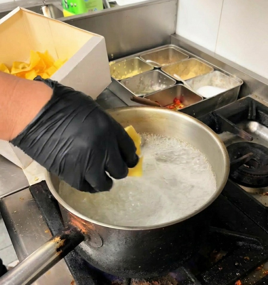 Una mano con guante negro echando pasta ancha amarilla en una olla de metal con agua hirviendo.