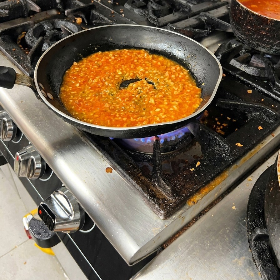 Salsa de carne roja burbujeando en una sartén negra sobre el fuego.