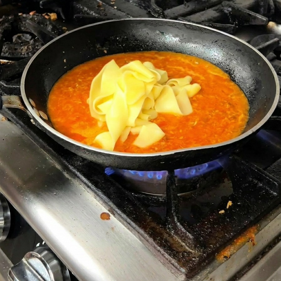 Añadiendo cintas de pasta cocida a una sartén con salsa de carne roja.