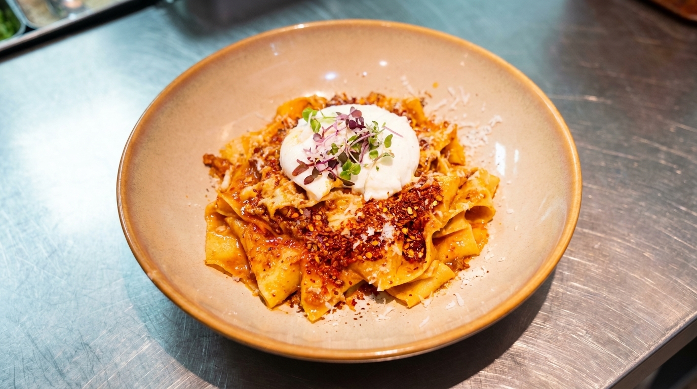 Pappardelle con Salsa de Carne Picante y Huevo Poché al Aceite Caliente