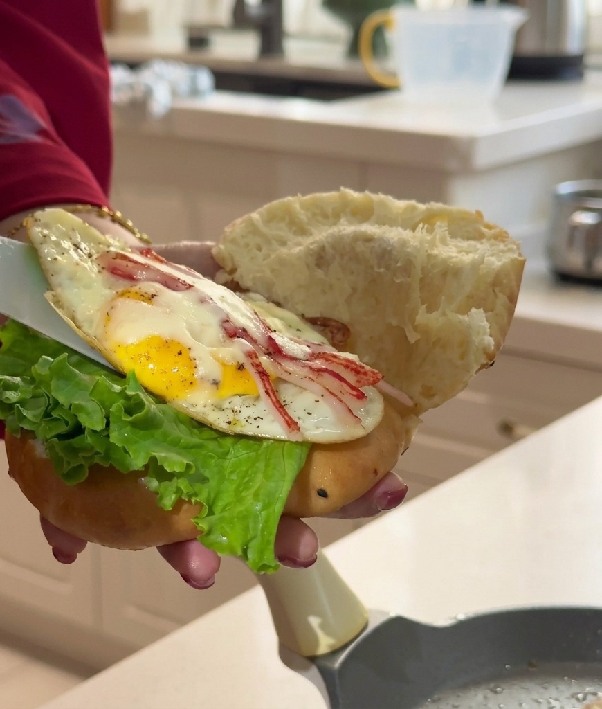 Una mano sosteniendo un pan abierto con lechuga, mientras una espátula desliza el huevo con cangrejo dentro.