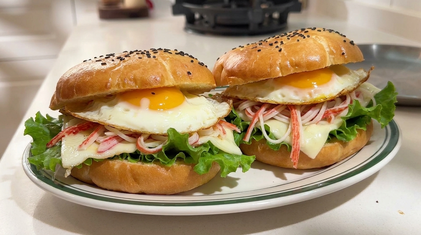 Hamburguesa de Desayuno al Vapor con Queso y Palitos de Cangrejo