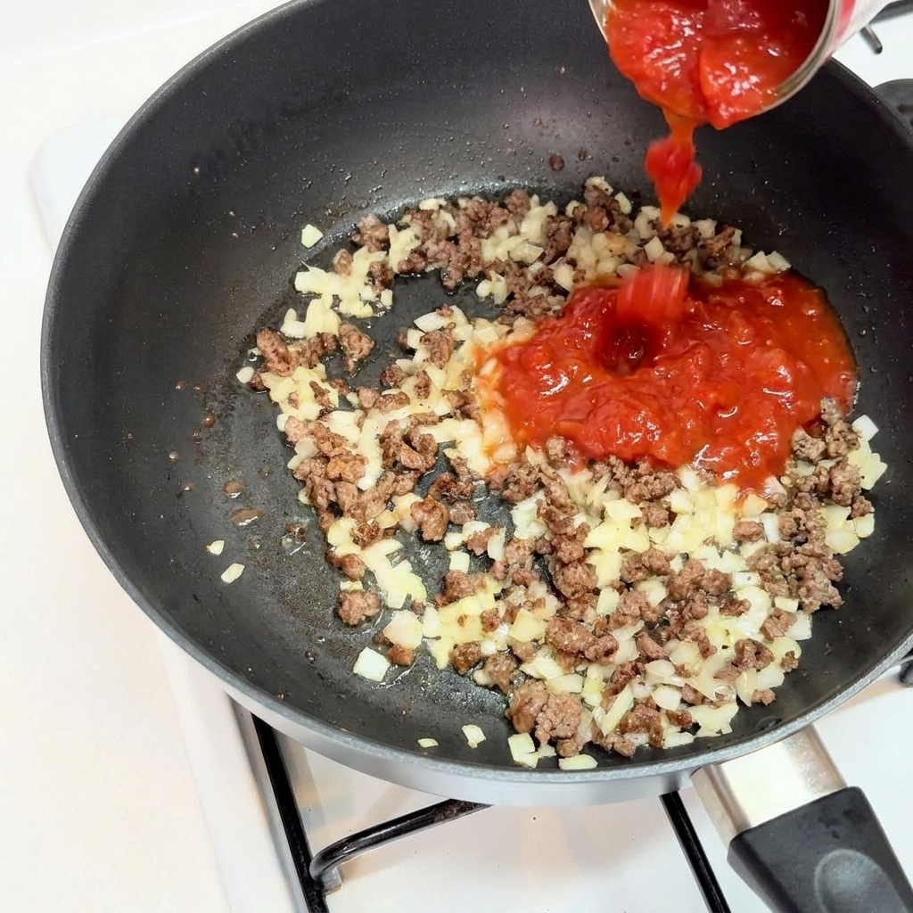 Tomate triturado vertiéndose sobre la carne y la cebolla en la sartén.