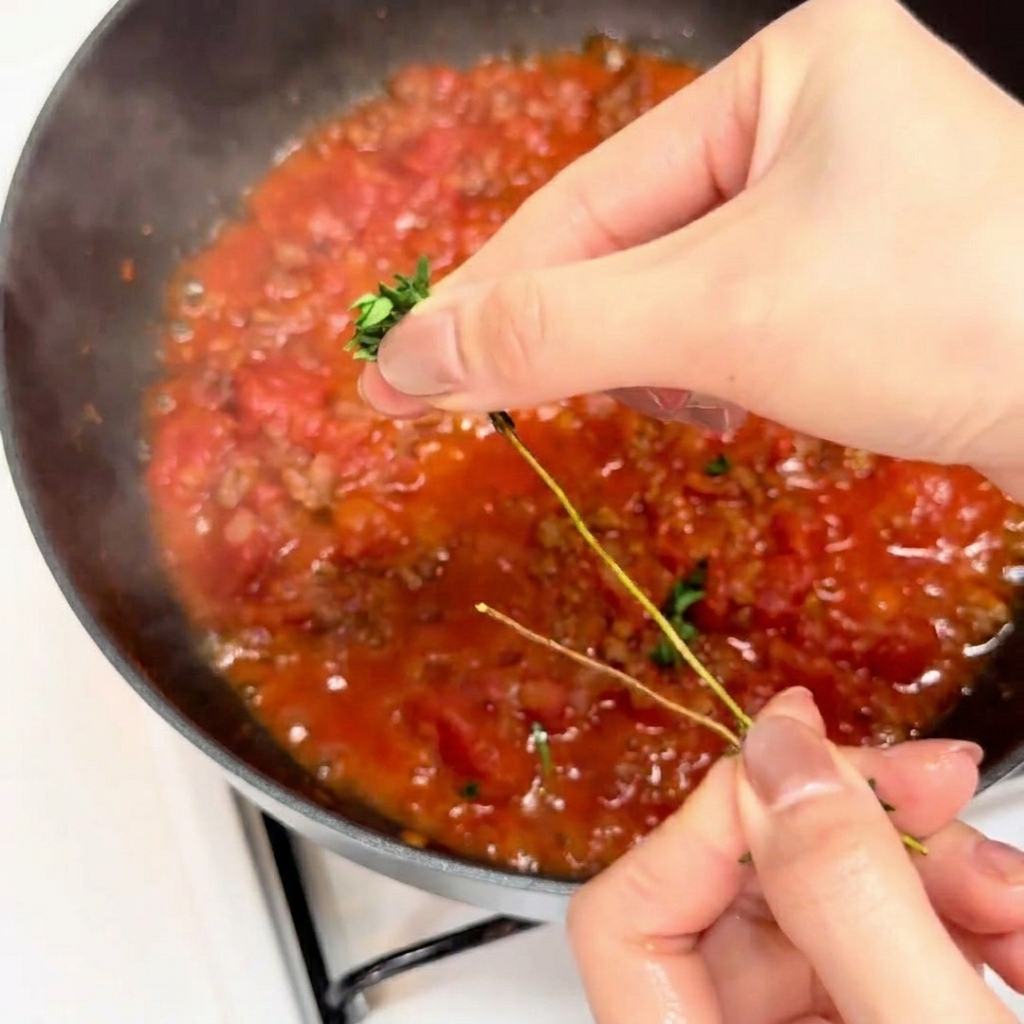 Manos soltando una rama de tomillo fresco en la salsa de tomate y carne.