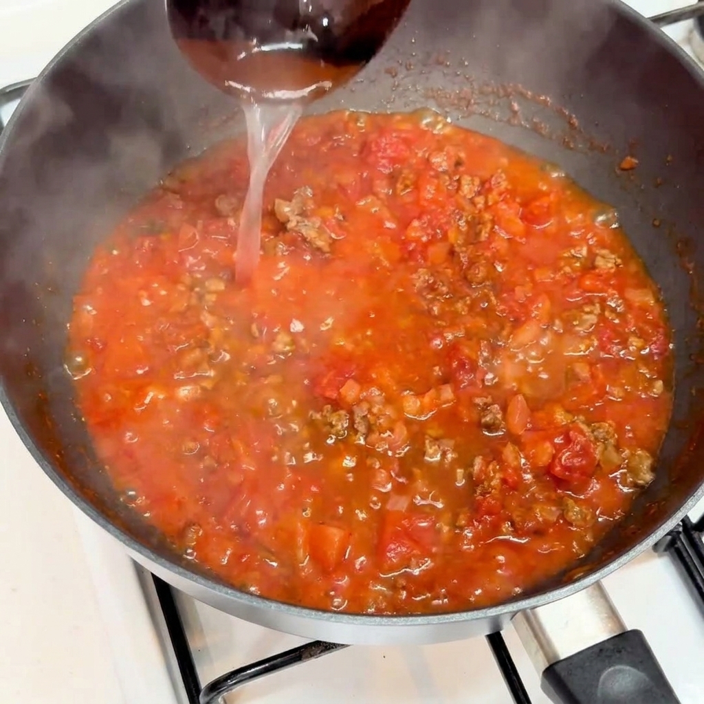 Un cucharón vertiendo agua de cocción de la pasta en la salsa de carne.