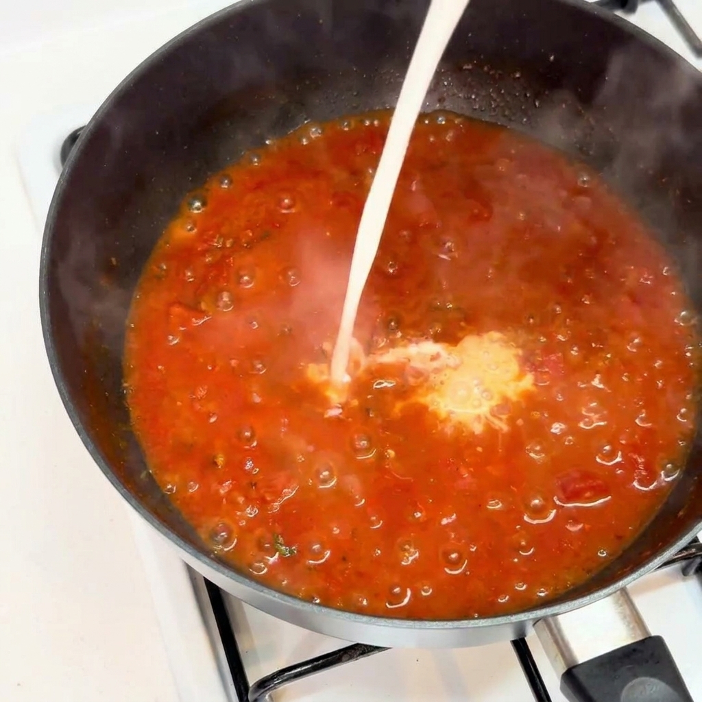 Leche blanca vertiéndose en la sartén con la salsa roja de carne.