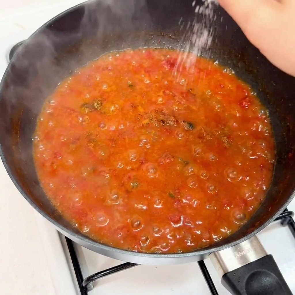 Una mano espolvoreando sal marina sobre la salsa hirviendo.
