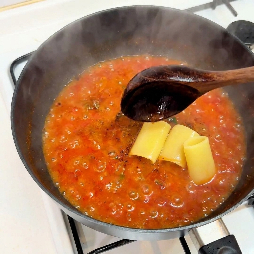 Pasta paccheri cocida mezclándose con la salsa de carne en la sartén.