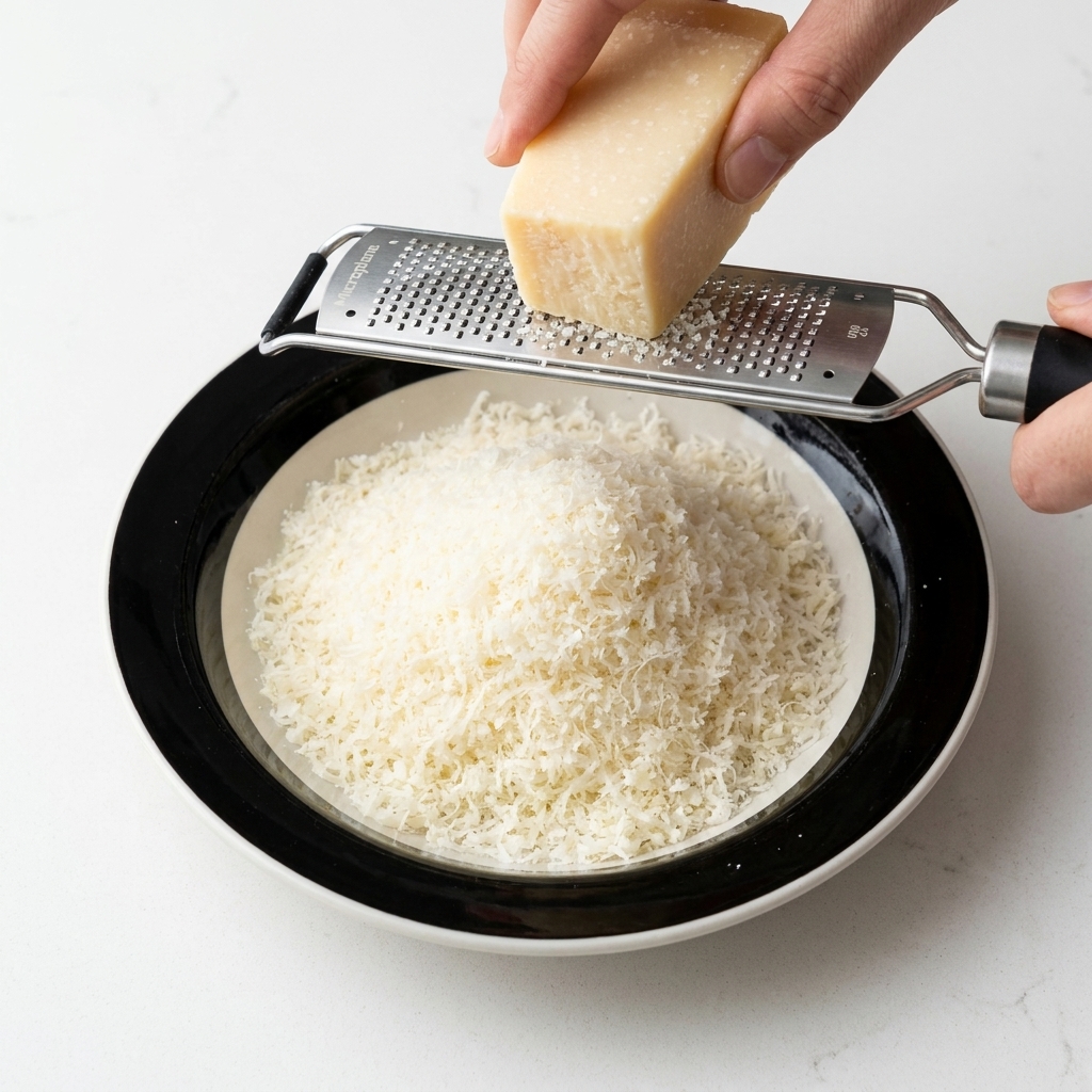 Manos rallando un trozo de queso parmesano con un rallador metálico.