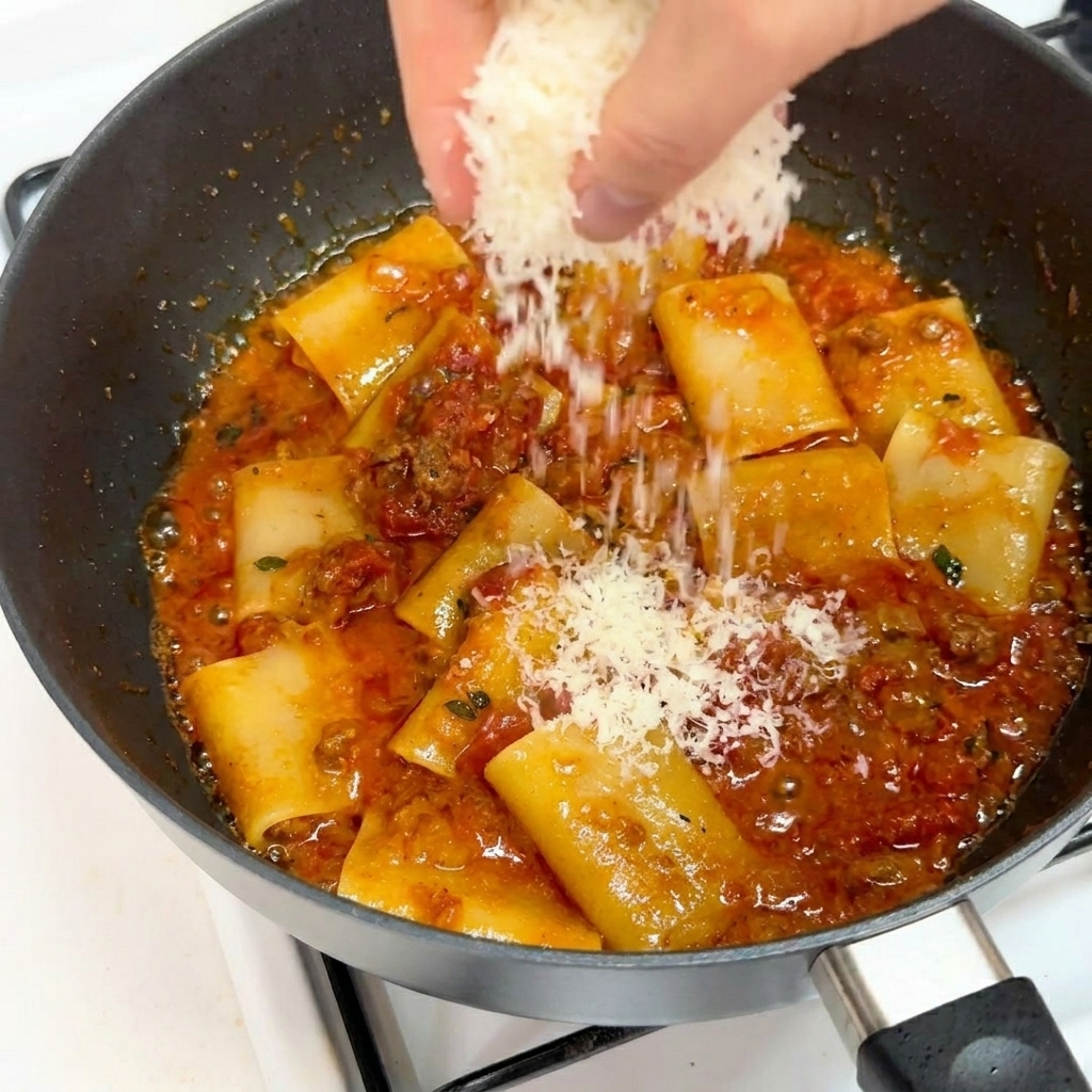 Mano espolvoreando parmesano rallado sobre la pasta con salsa en la sartén.