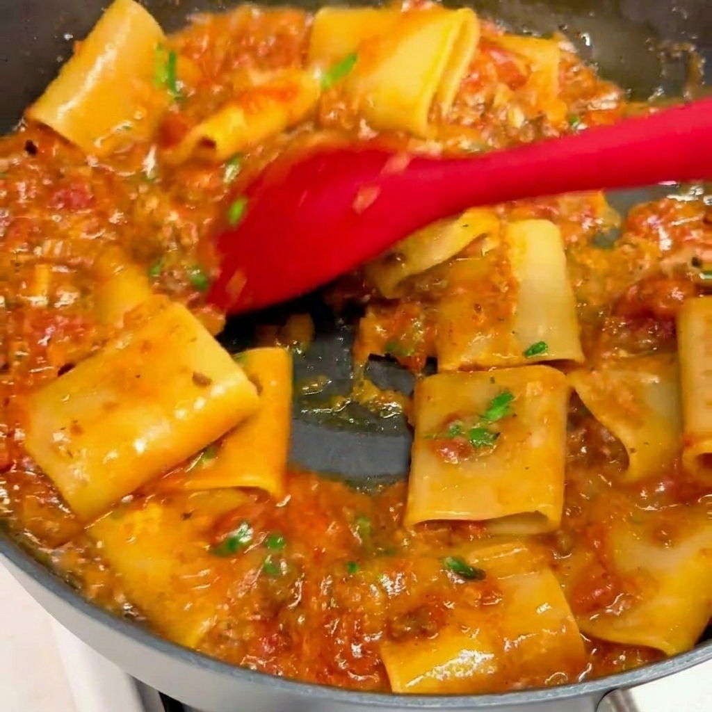 Mezclando los paccheri con la salsa y el queso fundido usando una espátula.