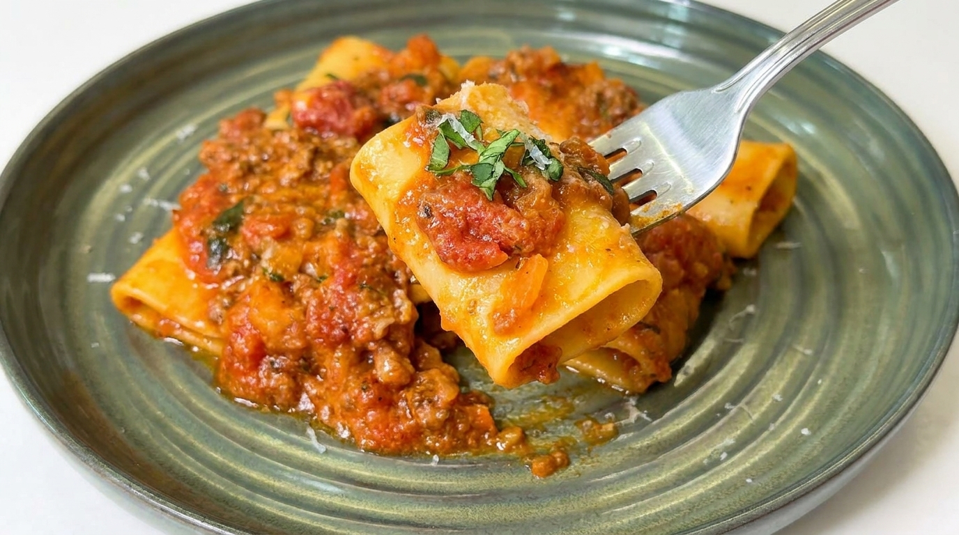 Paccheri con un rico Ragú de Ternera y Tomate