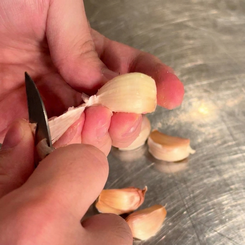 Manos sosteniendo un cuchillo y pelando un diente de ajo fresco sobre una superficie metálica.