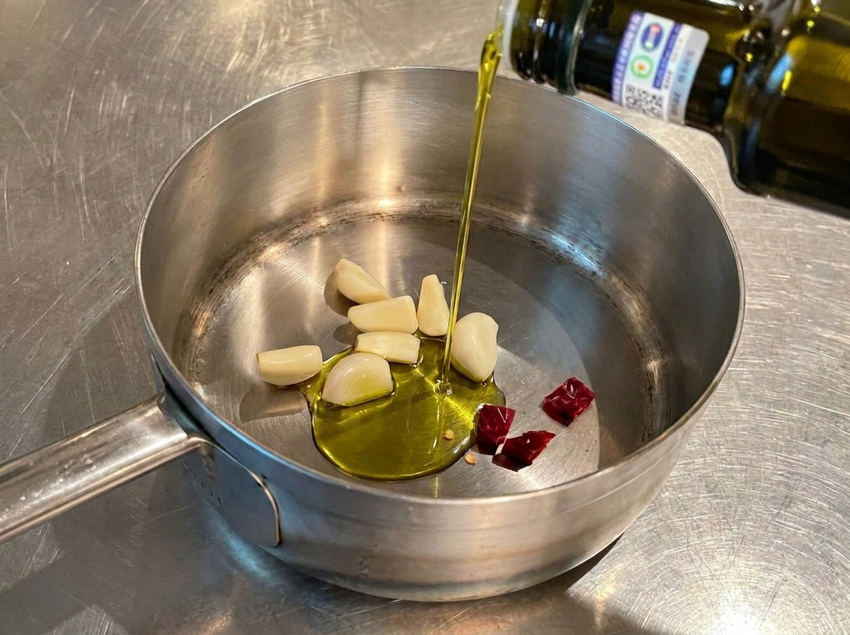 Chorro de aceite de oliva virgen extra cayendo en una olla con ajo y chiles.