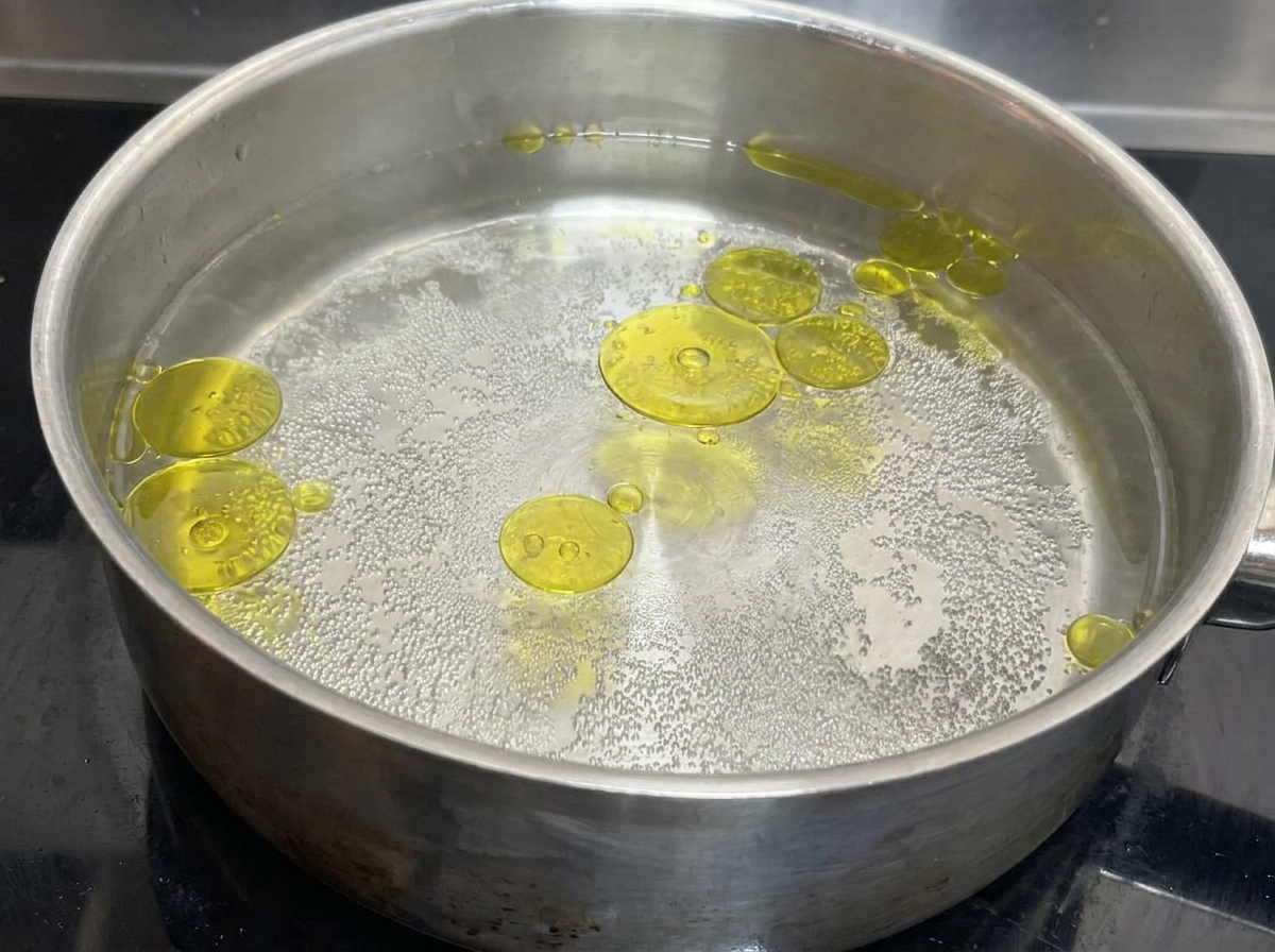 Olla de acero inoxidable con agua hirviendo y gotas de aceite de oliva en la superficie.