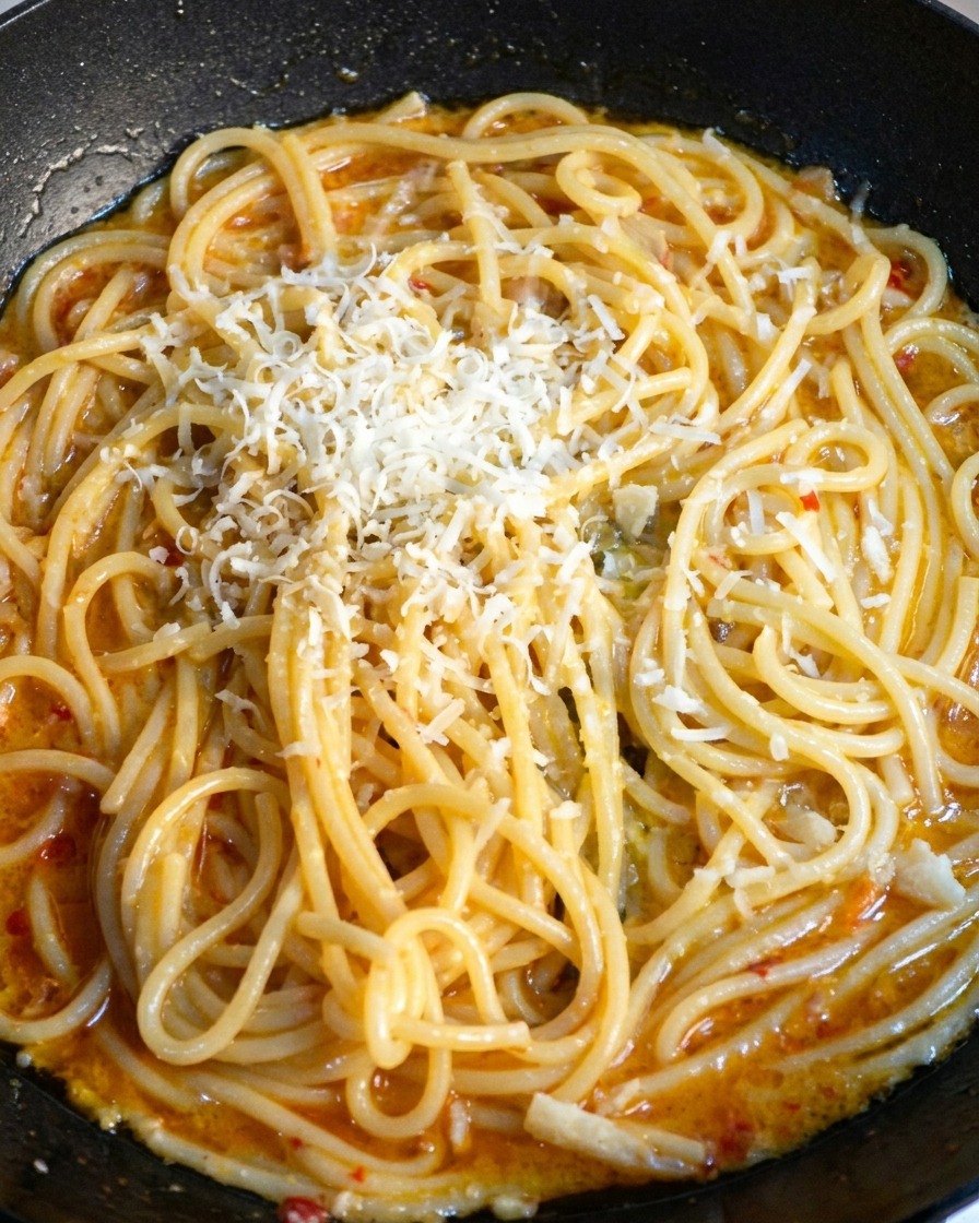 Queso parmesano recién rallado reposando sobre una sartén de espaguetis calientes.