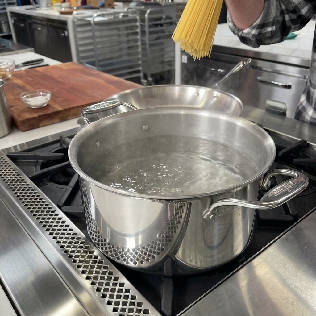 Un puñado de espaguetis secos cayendo en una olla de acero inoxidable con agua hirviendo con sal.