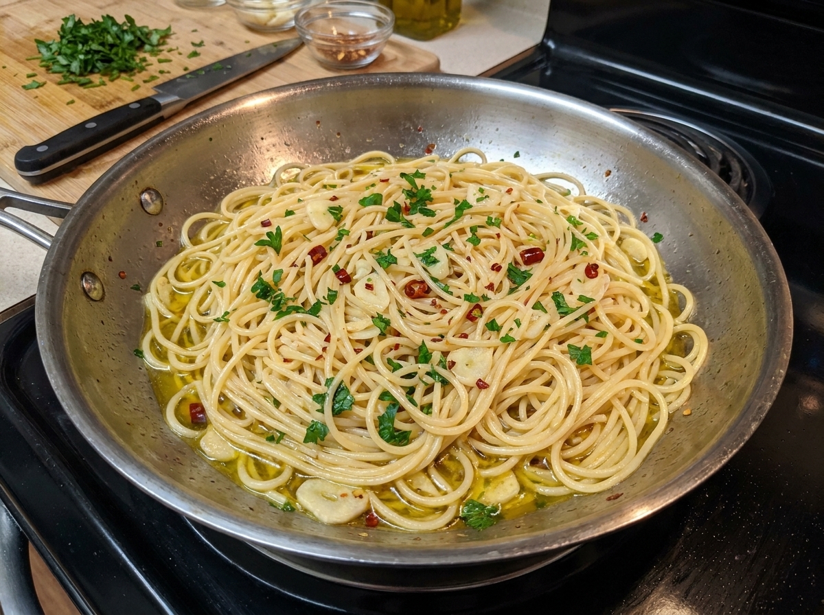 Espaguetis salteados con aceite de oliva, ajo, hojuelas de pimiento rojo y perejil verde recién picado en una sartén de acero inoxidable.