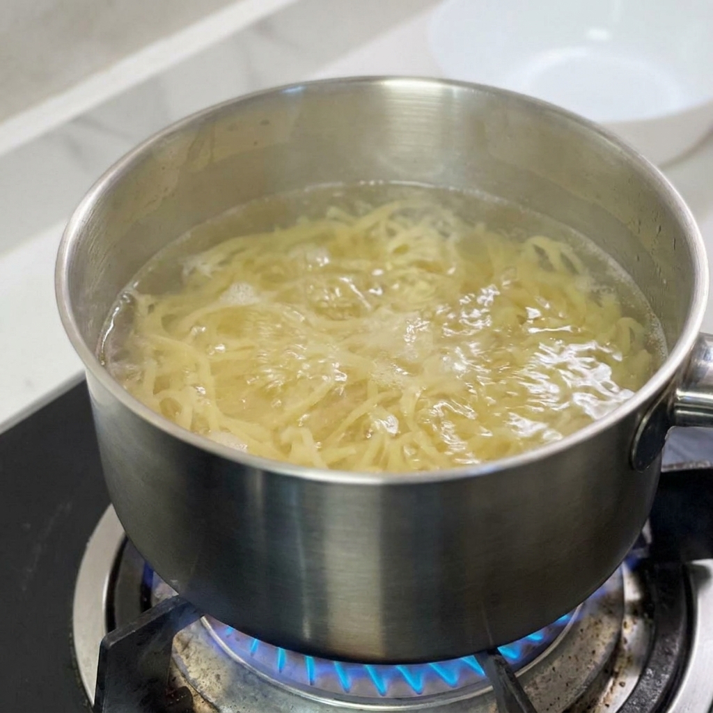 Espaguetis ablandándose en una olla de acero inoxidable con agua hirviendo a borbotones.
