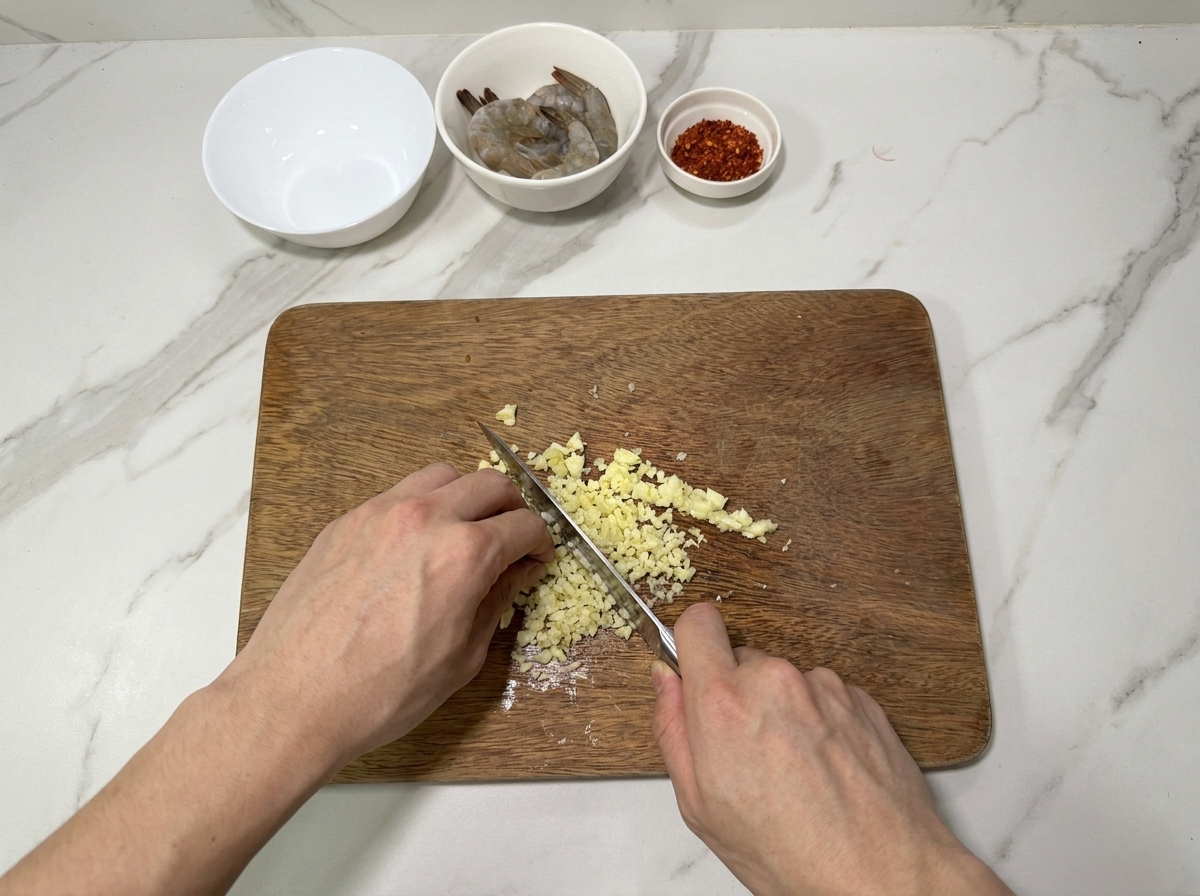 Dos manos usando un cuchillo de chef para picar finamente dientes de ajo sobre una tabla de madera.