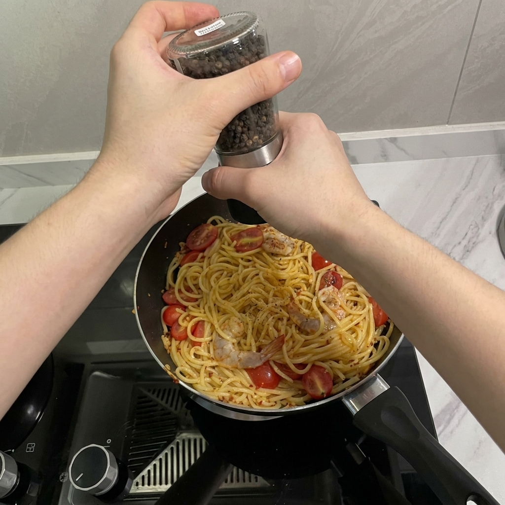 Dos manos moliendo pimienta negra fresca sobre una sartén con espaguetis, gambas y tomates cherry.