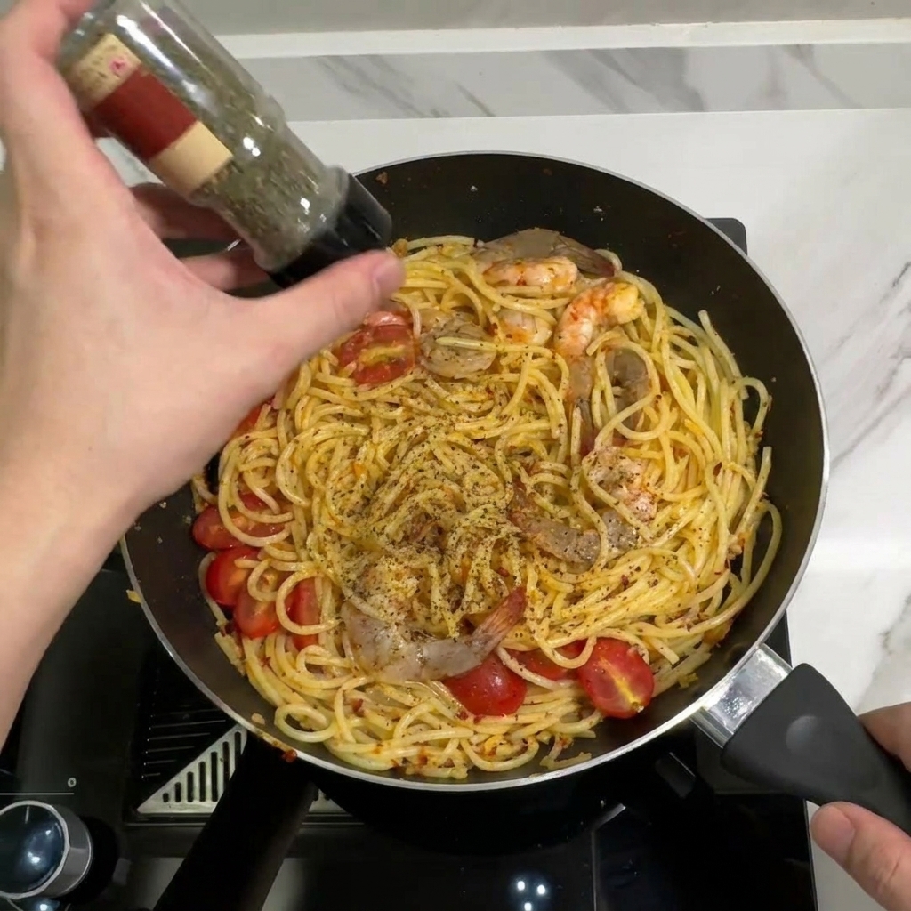 Mano espolvoreando perejil seco desde un tarro de especias sobre la pasta en la sartén.