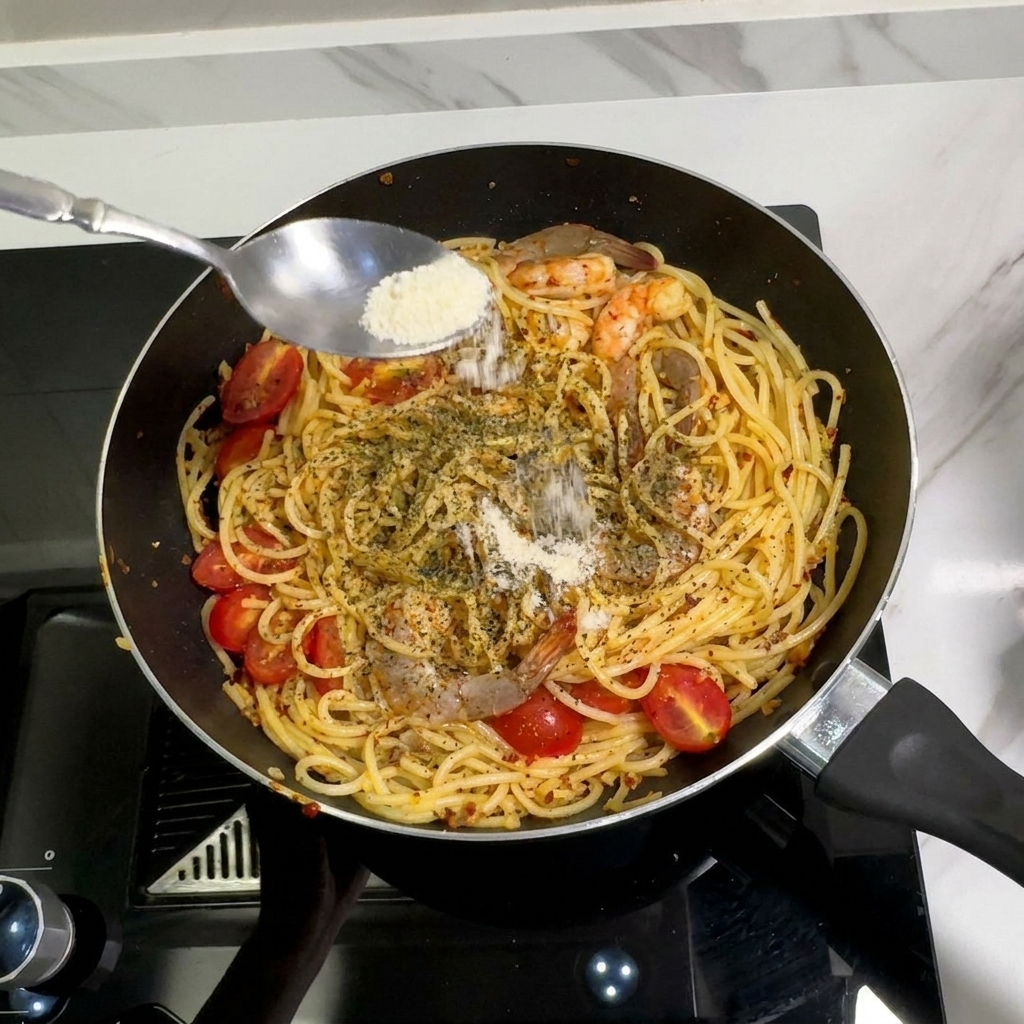 Cuchara de metal esparciendo sazonador en polvo sobre la pasta en una sartén negra.