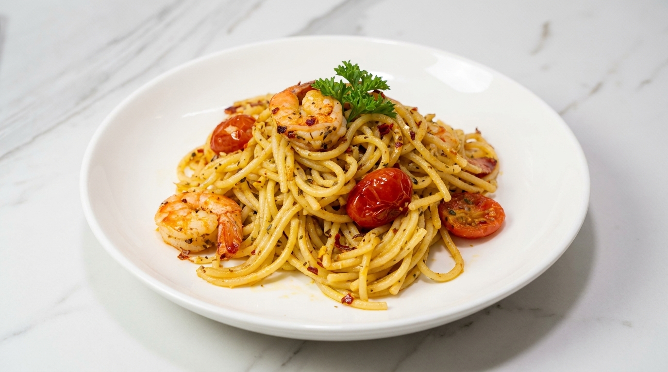 Espaguetis Aglio e Olio con Gambas al Ajillo en 15 Minutos