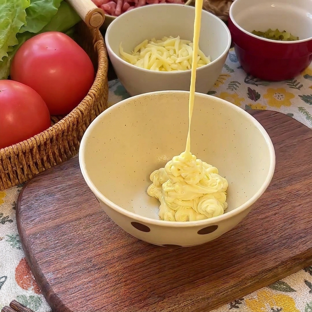Mayonesa cayendo en un bol que contiene ketchup rojo y pepinillos verdes picados.