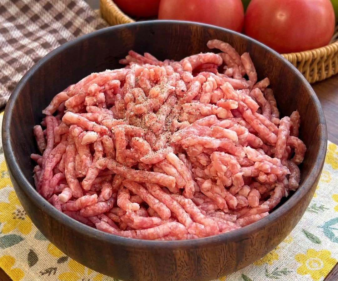 Un bol de madera con carne picada de ternera cruda sazonada con granos de sal marina y pimienta negra.
