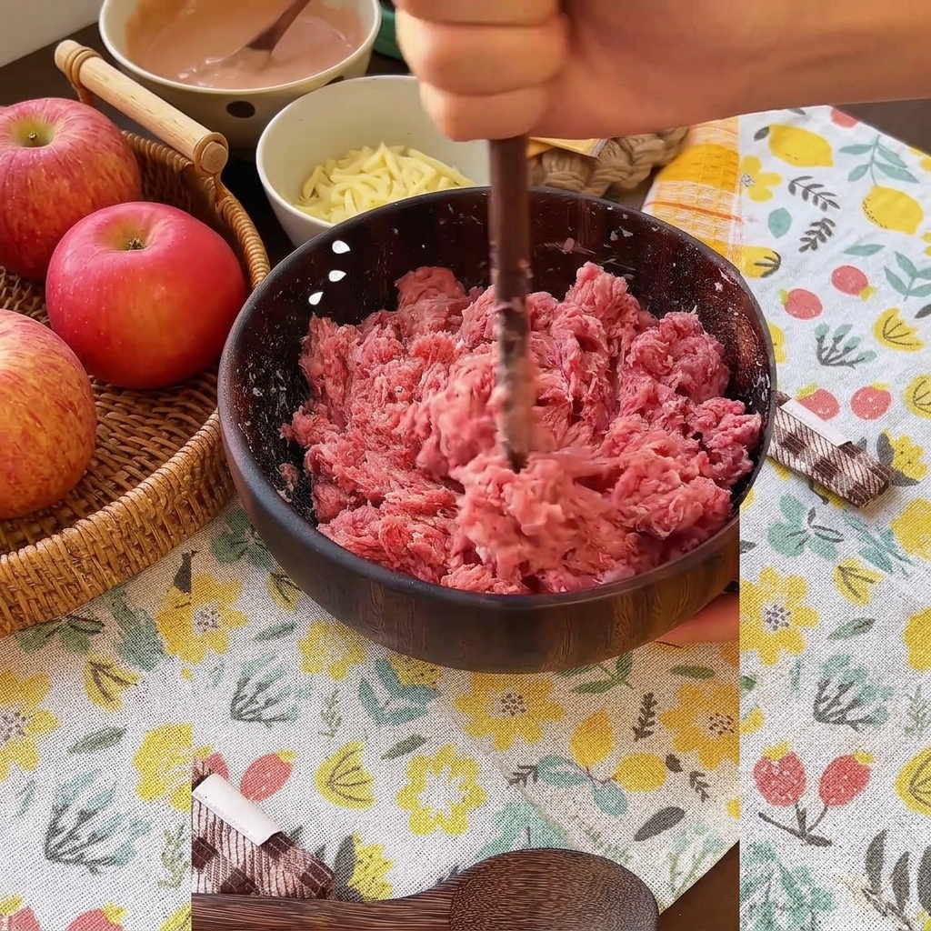 Una mano usando palillos para remover vigorosamente la carne picada sazonada en un bol oscuro.