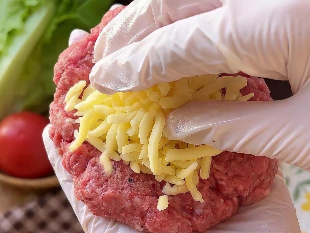 Una mano con guante sostiene un disco de carne cruda con un montón de queso cheddar rallado en el centro.
