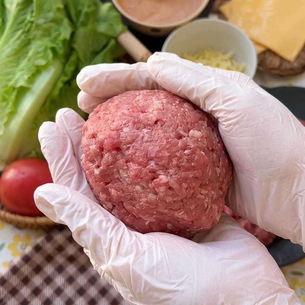 Dos manos con guantes dando forma a una bola de carne para ocultar completamente el centro de queso.
