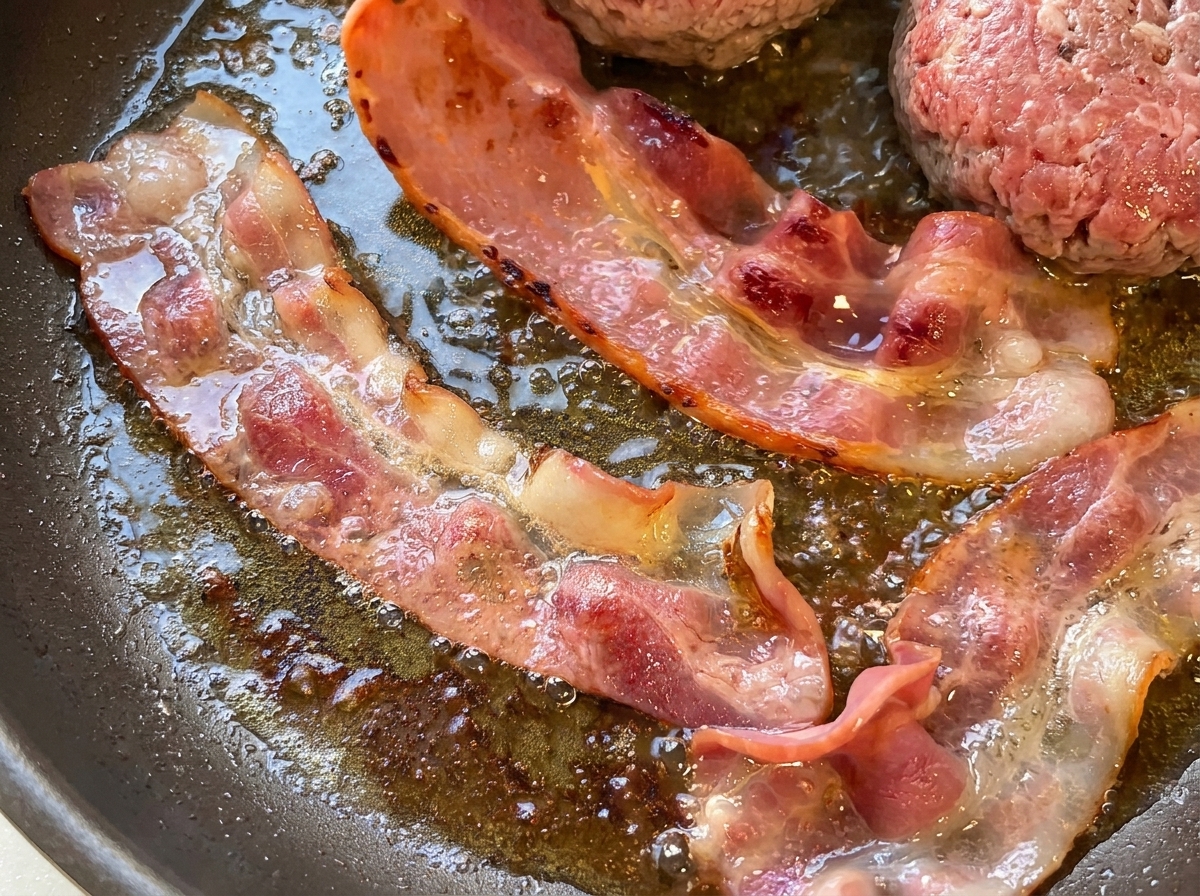 Primer plano de tiras de bacon chisporroteando y dorándose en una sartén con grasa caliente.