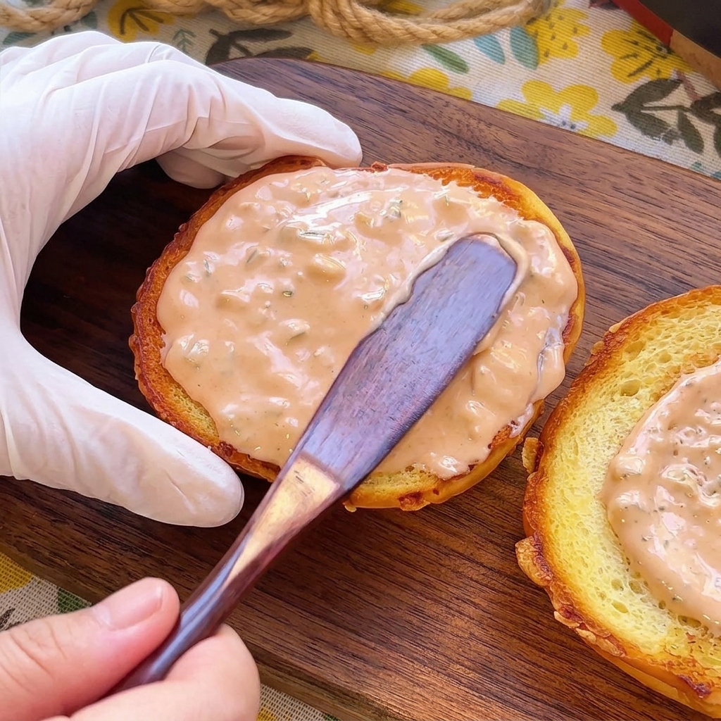 Una espátula de madera extendiendo una capa de salsa rosa en la cara tostada de un pan de hamburguesa.