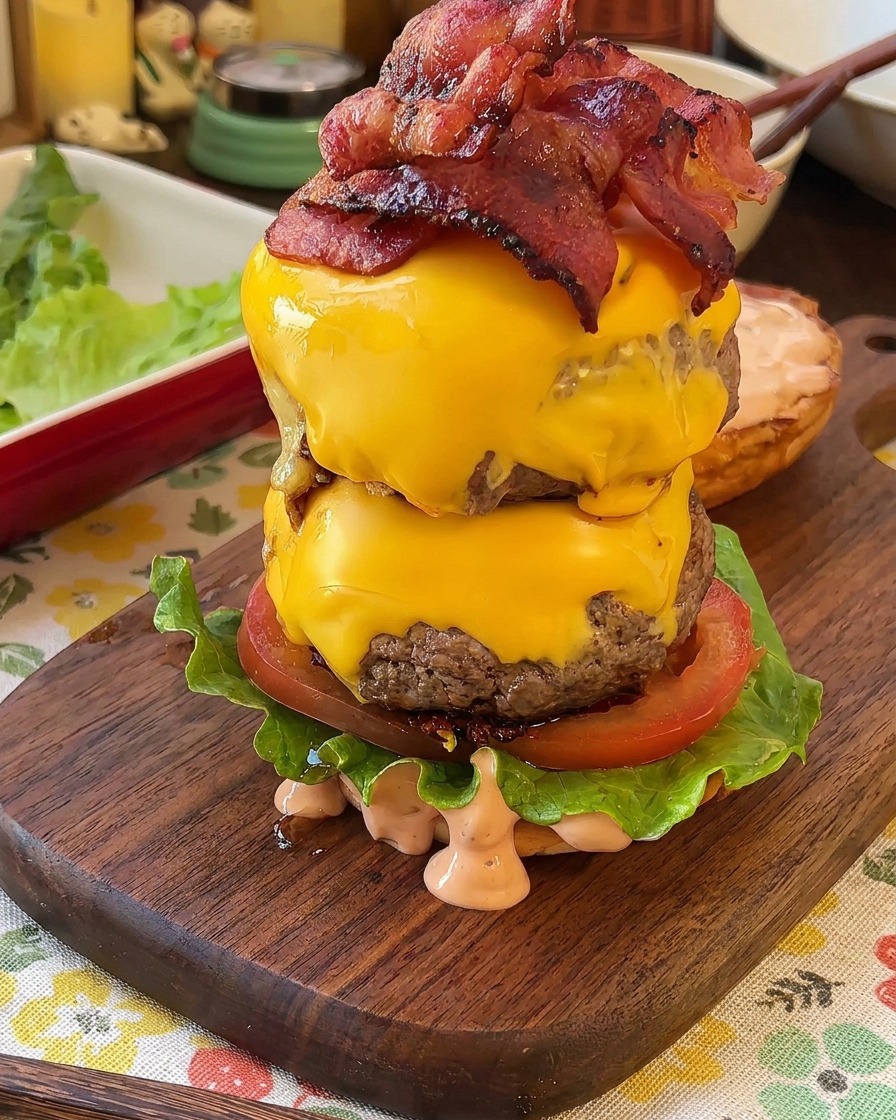 Una hamburguesa alta montada sobre una tabla de madera, con lechuga, tomate, carne con queso y bacon.