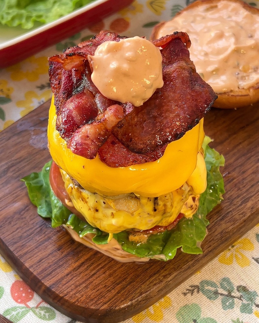 Un poco de salsa de hamburguesa servida directamente sobre el bacon en una hamburguesa doble.