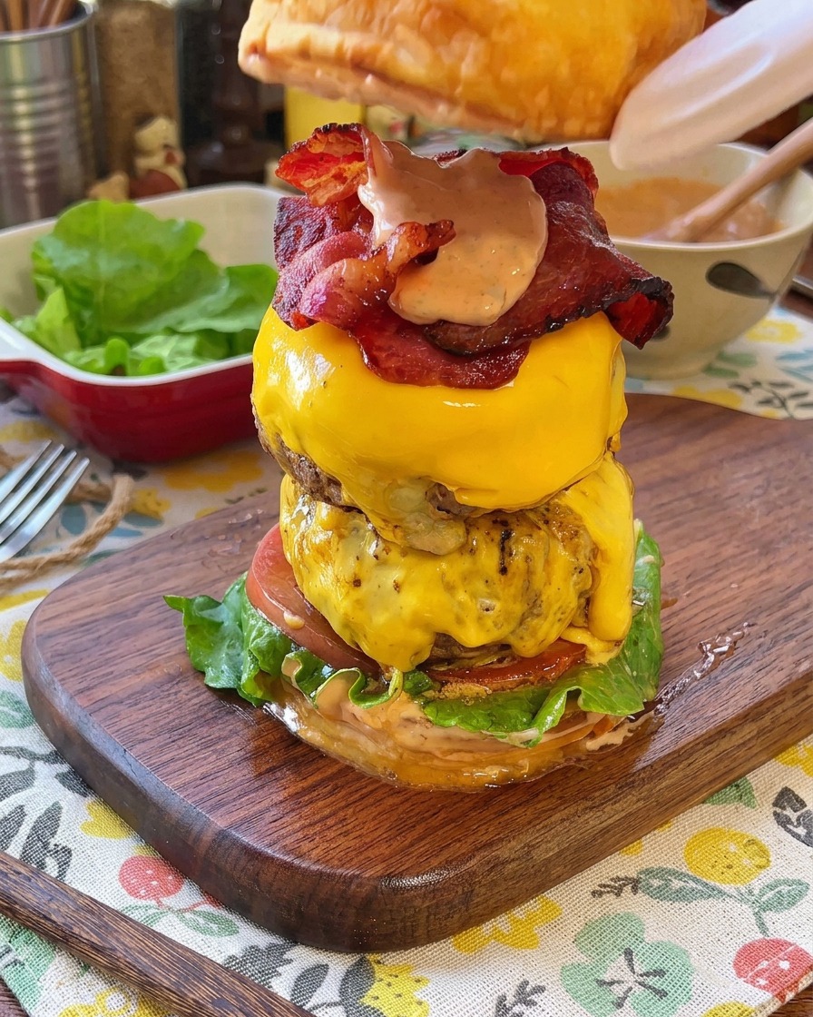 Colocando la parte superior del pan tostado sobre una hamburguesa doble completa con bacon y queso.