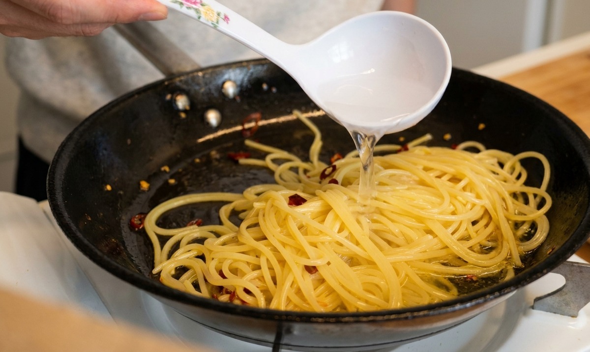 Una mano vertiendo un cazo de agua de pasta en una sartén con espaguetis, ajo, chiles y aceite.