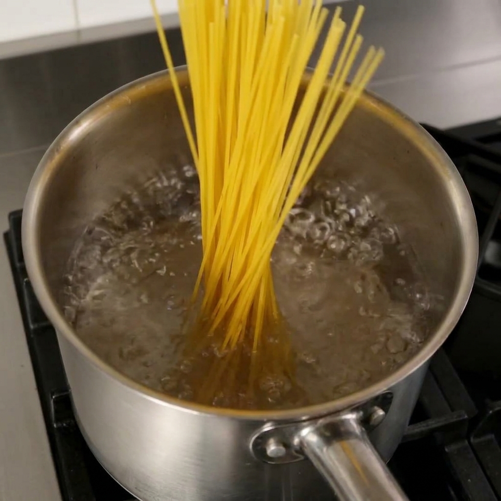 Un manojo de espaguetis secos introduciéndose en una olla de acero con agua hirviendo.