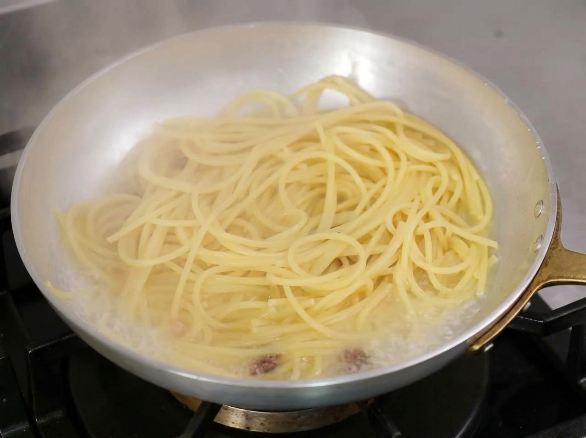 Espaguetis hirviendo rápidamente en una sartén con agua de cocción almidonada y aceite de oliva.