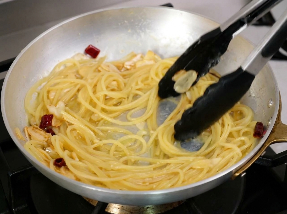 Mezclando espaguetis en una sartén con pinzas de cocina para crear una salsa de ajo y aceite emulsionada.
