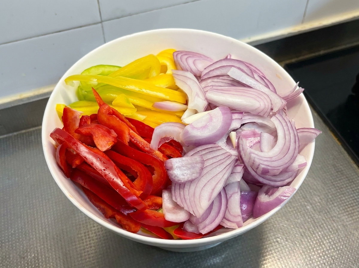 Un bol blanco con cebolla morada y pimientos de colores cortados en tiras uniformes.