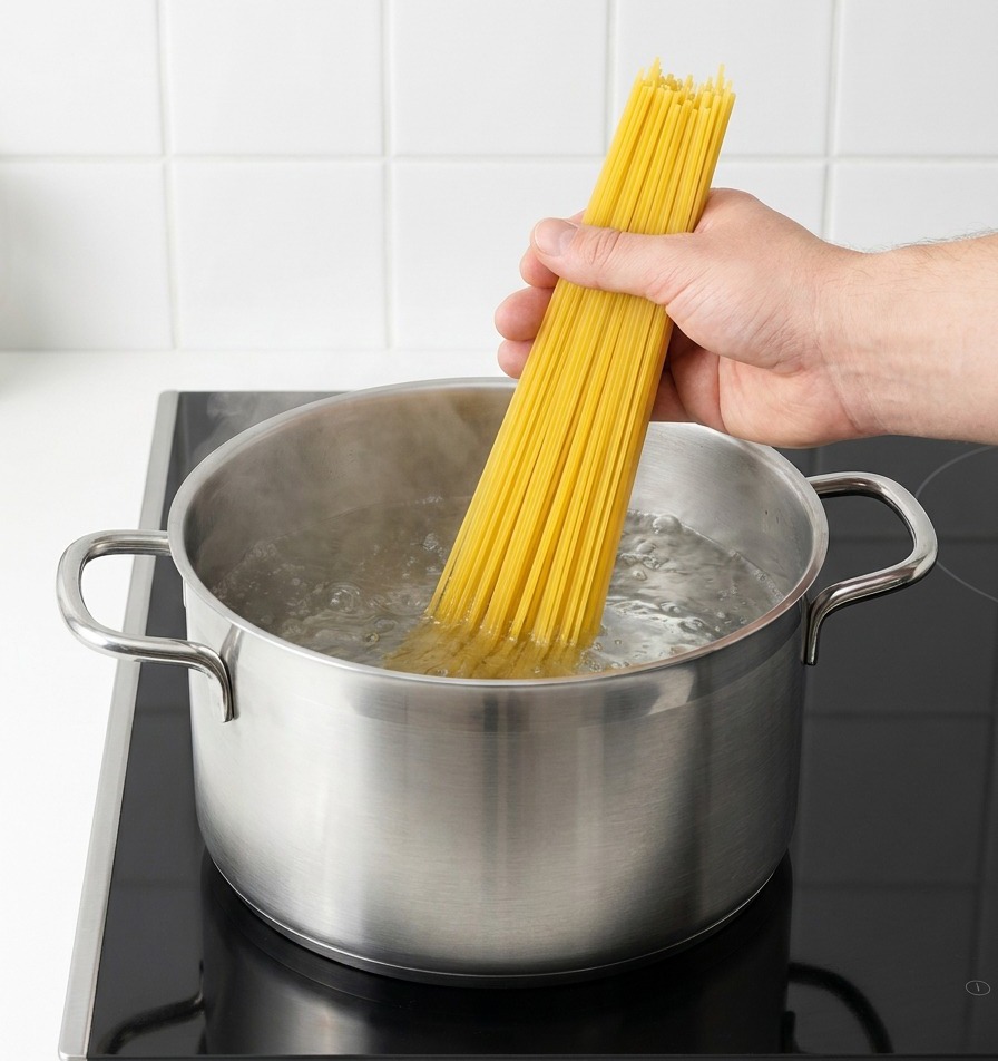 Una mano introduciendo espaguetis secos en una olla de acero inoxidable con agua hirviendo.