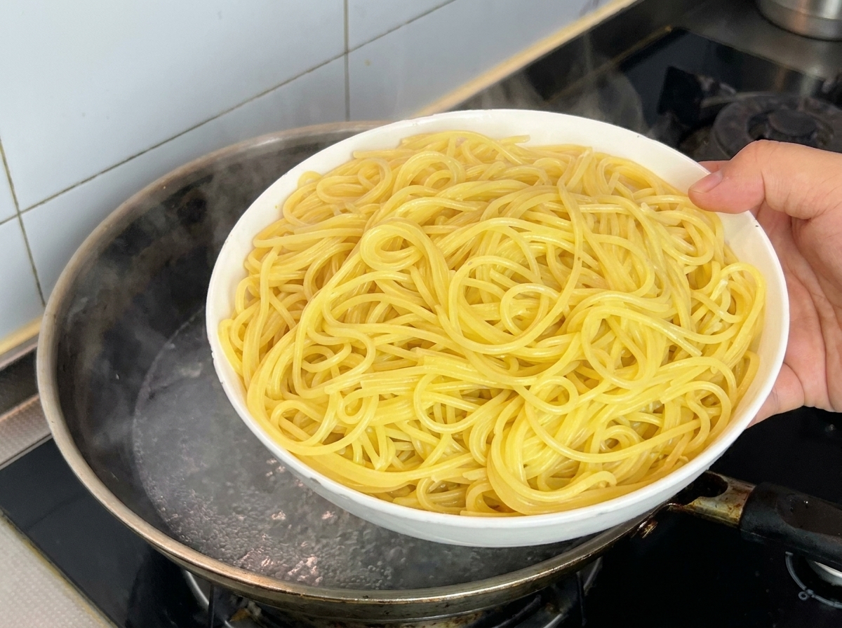 Una mano sosteniendo un bol con espaguetis recién cocidos sobre una olla humeante.